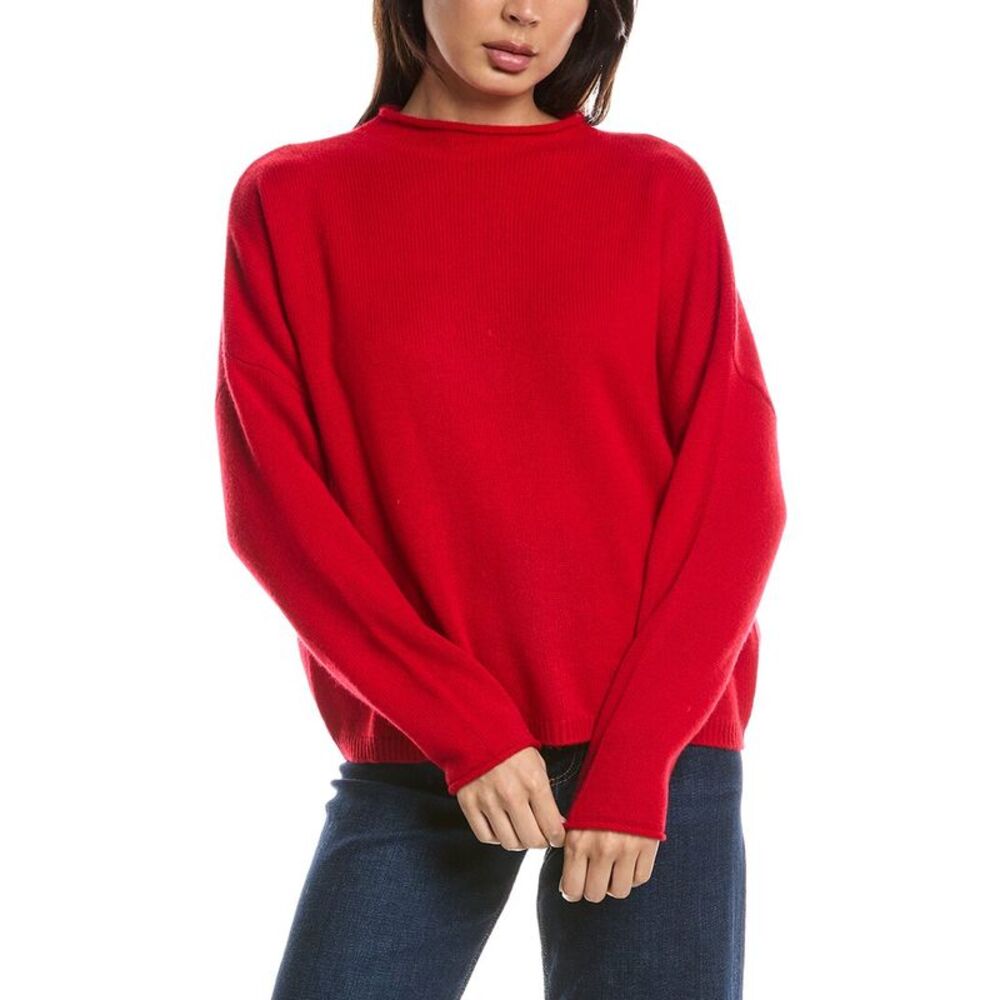 Forte Cashmere Womens  Slouchy Roll Trim 100% Cashmere Pullover, Red